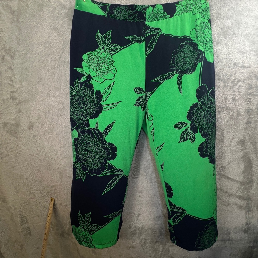 Iman‎ 1X Green Navy Blue Floral Peony Cropped Capri Pants Elastic Waist